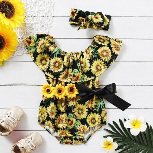 Toddler Kids Baby Girls Summer Clothes Sunflower Short Sleeve O-neck Bowknot Headband Bodysuit Outfits 2PCS
