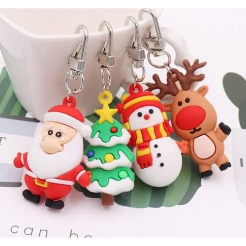 Christmas Cartoon Key Chain Santa Claus Elk Snowman Christmas Tree Keyring Cute PVC New Year Decor Kids Xmas Trinket Gift