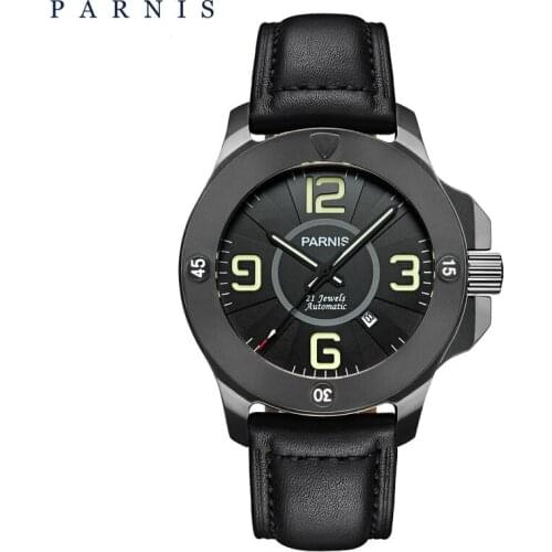 Parnis 47mm Military Mechanical Mens Watch Luxury Sapphire Crystal Luminous Waterproof Calendar Leather Band Automatic Watch