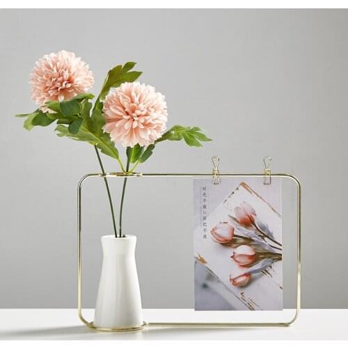 Flower Vase With Wire Photo Frame For Desktop Decor Matte Brass Picture Frame With A Beautiful Flower Ceramic Vase Note Holder