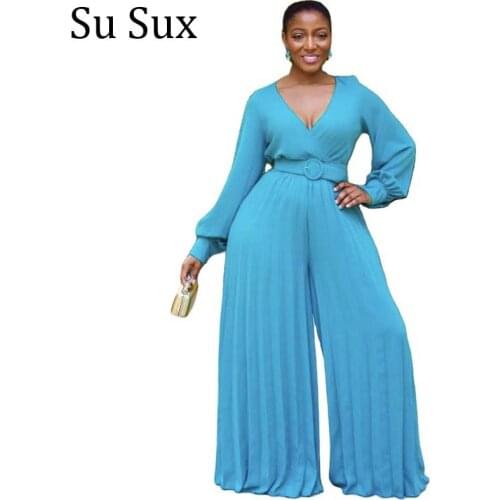 Pleated Wide Leg Jumpsuit Women Overalls Rompers Solid Deep V Neck Lanter Sleeve Jumpsuit and Belt African Clothes 2021 Spring