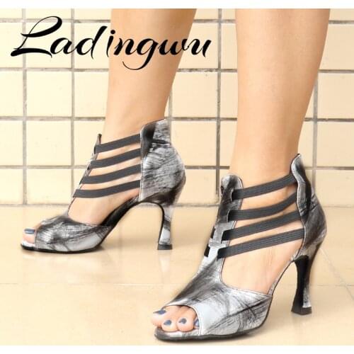 Ladingwu Latin Dance Shoes Spring and Summer Boots Womens Sandals Salsa Tango Graffiti Leather Latin Dance Shoes Heel 6-10cm