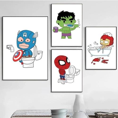 Marvel Cartoon Superheroes Wall Art Canvas Print Painting Spiderman Hulk Poster Children Bathroom Living Room Home Decor Mural