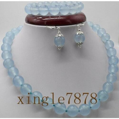 Natural 10mm Blue Aquamarine Gemstone Round Beads Bracelet Earrings Necklace Set