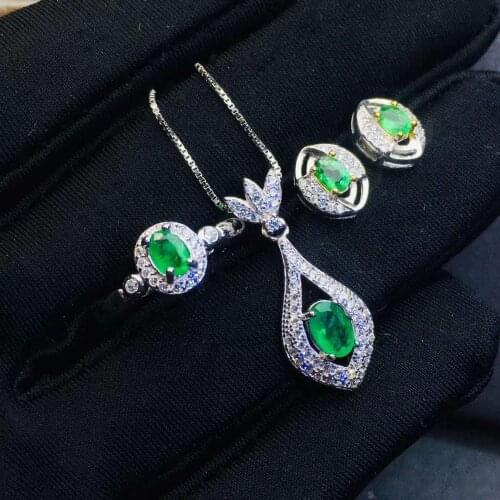 Real Natural Emerald jewelry set Natural Real Emerald 925 sterling silver 1pc pendant,1pc ring,2pcs Earring