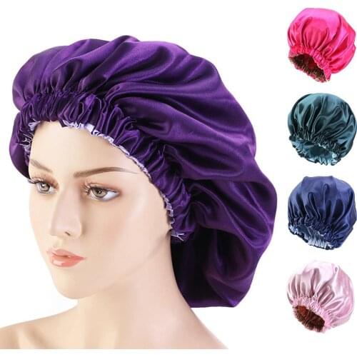 New Women Big Solid Color Women Satin Silk 2-Layer Night Sleep Bonnet Slouchy Hat Home Hair Care Cap Head Cover Bonnet Hat