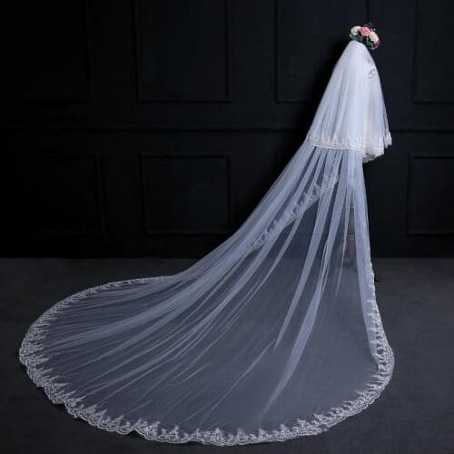 Charming Bridal Veils White Ivory 3 Meters Long Train Lace Applique Edge Wedding Veils Blusher Face Bridal Accessories