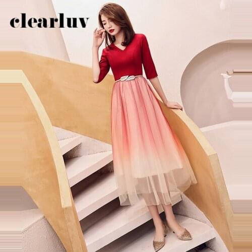 V-Neck Half Sleeve Banquet Dresses DR351 Tea-Length Formal Prom Dress Gradient A-Line Vestidos De Fiesta Patchwork Elegant Gowns