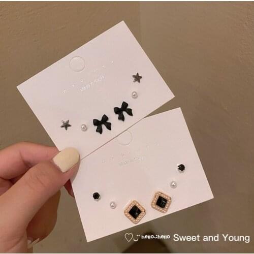 S925 Black Palace Style Pearl Bow Earrings Set Temperament Retro Hong Kong Style Fashion Earrings Trend