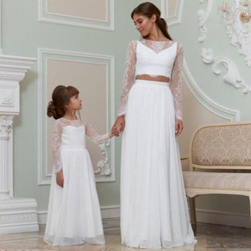 Mother and Daughter Wedding Dresses 2019 Princess Two Piece Floor Length Lace Long Sleeve Bride Dress Wedding Gowns