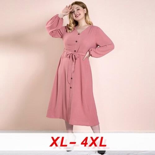Womens Sexy V Neck Long Sleeve Buttons Sweet Dress Ladies Plus Size Casual Vintage Elegant A-line Dresses 2020 Autumn New Dress