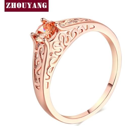 ZHOUYANG Ring For Women Simple Hollow Out Orange Crystal Cubic Zirconia Rose Gold Color Wedding Party Gift Fashion Jewelry R125