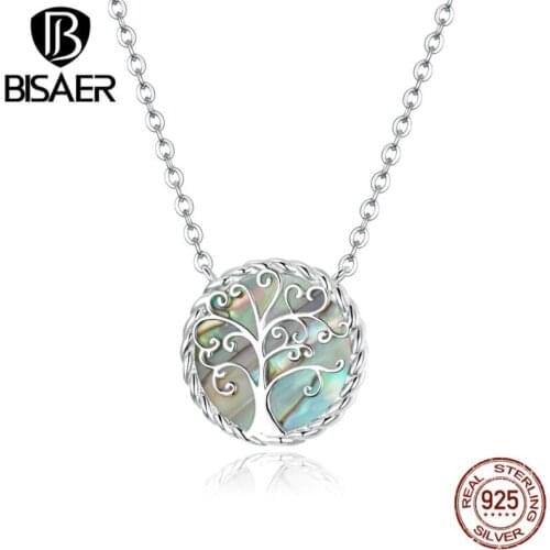 BISAER 100% 925 Sterling Silver Tree of Life Necklaces Pendants for Women Round Shapes Link Chain Fine Jewelry Gift ECN433