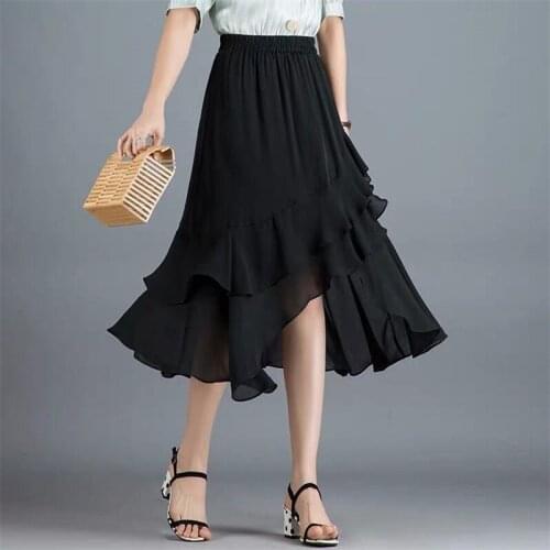 2020 Summer Autumn Casual Chiffon Skirts Solid Irregular High Waist Ruffles Maxi Skirt Womens Long Skirts Plus Size M-7XL