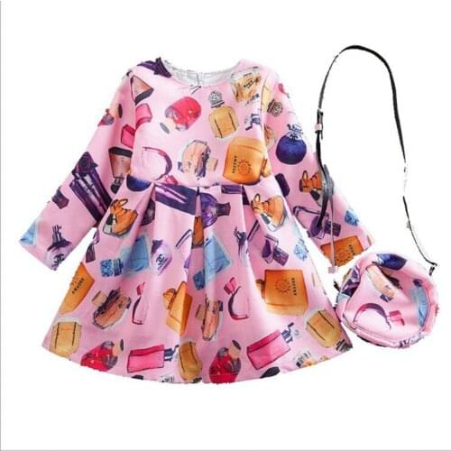 Girl Long Sleeve Flower Dress Brand Autumn Party Dress Girl Cotton Fashion Design With Bag Printing Pattern Kids Clothes WL172