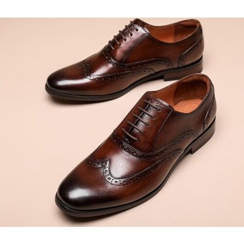 2021Mens Dress Shoes Oxfords Brogue Sewing Style Genuine Leather Low Heel Rubber Spring Fall Europe and America Popular Gentry