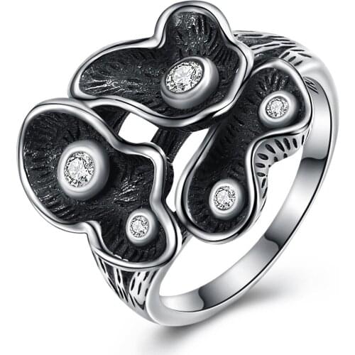 Retro 925 Sterling Silver Rings Women Fashion Black Lotus Leaf Rhinestone CZ S925 Rings for Women Vintage Party Cocktail Rings
