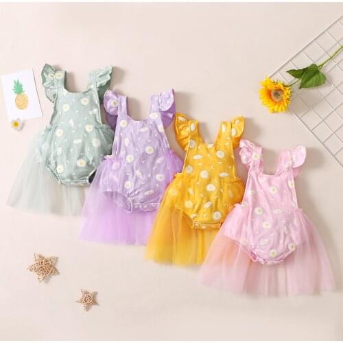 Lovely Toddler Infant Kids Girls Summer Rompers Princess Girls Elegant Flower Print Ruffles Jumpsuits Lace Tulle Skirts Clothes