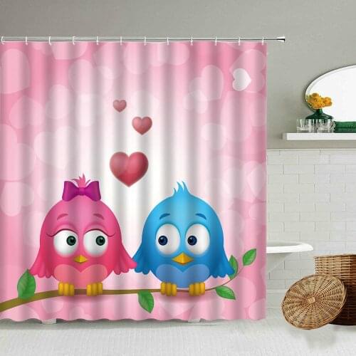 Cartoon Love Couple Bird Shower Curtain Cat Rabbit Fun Animal Child Baby Bathroom Decor Waterproof Fabric Screen Gift Washable