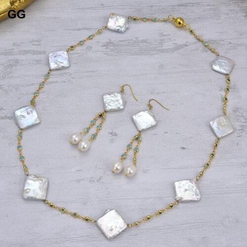 GuaiGuai Jewelry 25" Freshwater White Square Pearl Blue Crystal Chain Necklace Earrings Set