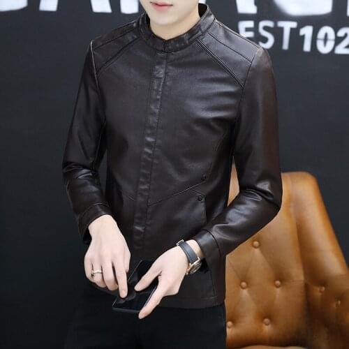 2021 Spring New Mens Stand Collar Stitching Leather Jacket Youth Slim Casual PU Leather Jacket
