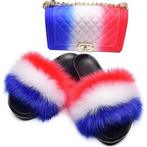 New Women Rainbow Plush Faux Fur Slippers Set Ladies Jelly Handbag Furry Fur Slides Travel Match Sets Girl Candy Colors Purse