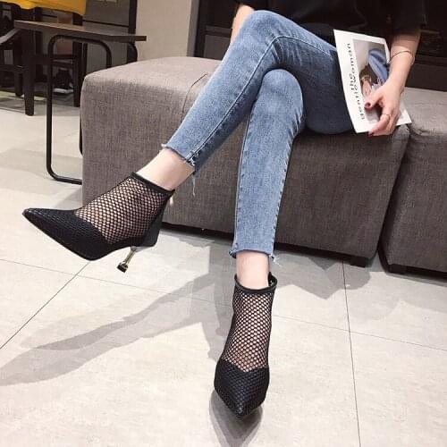 Solid Fashion Novelty Women Autumn Ankle Boots Air Mesh Hoof Heels Vintage Short Boots Med Pointed Toe Winter Shoes Plus Size