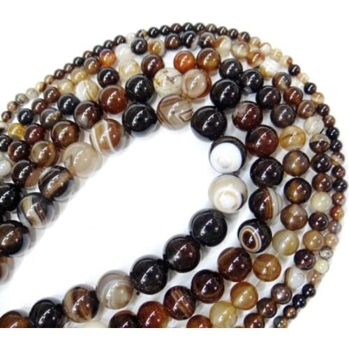 Wholesale Natural Stone Coffee Stripe Agates Chalcedony Round Beads 4 6 8 10 12MM Diy Char Bracelet Necklace For Jewelry Making