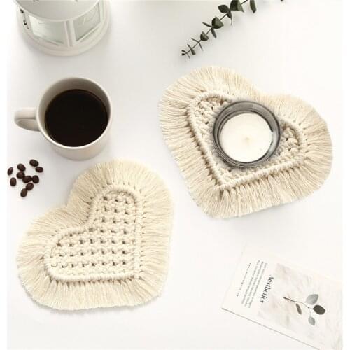 Placemat Bohemian Hand-made Braided Coasters Boho Woven Tassels Heart Shape Cup Mat Kitchen Table Mats Home Decor Accepted