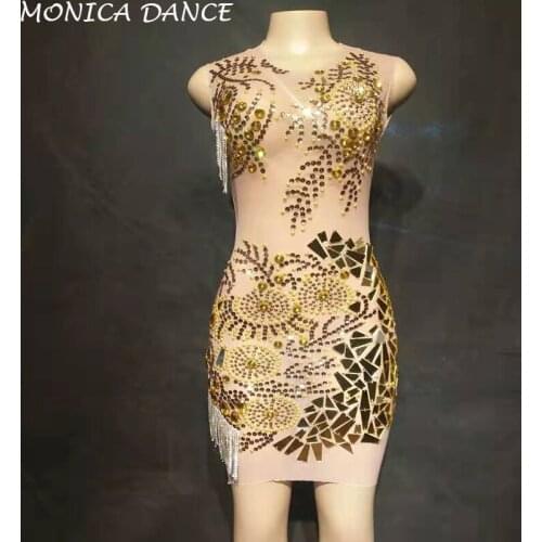 Sexy Stage Crystals Chains Mirror Stones Dress Mesh Perspective Dress Evening Birthday See Through Outfit Performance Dress