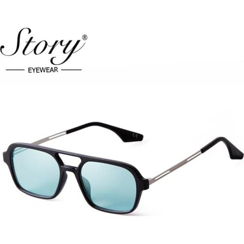 STORY Hot Retro Green Lens Rectangle Sunglasses Men Women 90s Trendy Vintage Double Bridge Blue Rectangular Sun Glasses S50743C