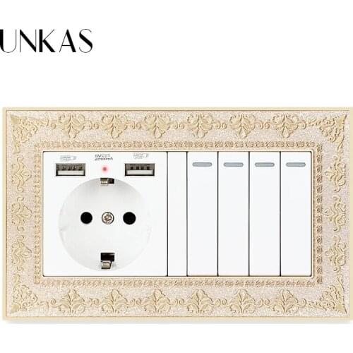 UNKAS 4D Zinc Alloy Metal Panel EU Socket Dual USB Port Soft LED + 4 Gang 1 / 2 Way On / Off Light Switch Embossing Retro Frame