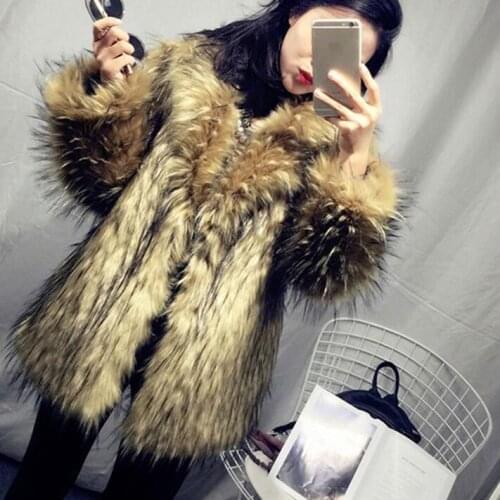 HIGH QUALITY Winter Gradient Hairy Shaggy Faux Raccoon Fur Coat Furry Women Warm Jacket Lapel Coat Loose Outerwear MT178