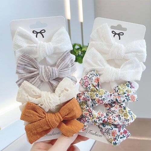 4Pcs/Set Vintage Flower Printing Bow Hair Clip For Kids Girls Solid Color Boutique Handmade Hairpins Headwear Hair Accessories