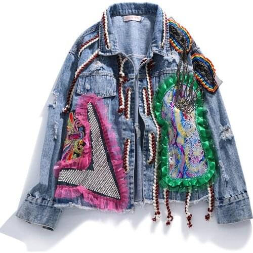 Hip hop style Heavy industry Diamond Women Patch Lace Denim Jacket Spring Autumn Mesh Stitching Jeans Jacket Female Streetwear