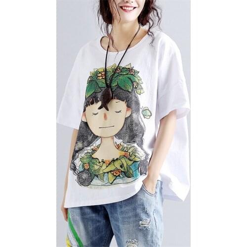 New Vintage Print O Neck Short Sleeve Woman Cotton T-shirt Fashion 2019 Casual Loose Girls Summer Cotton Tees Pullovers Tops M7