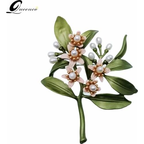 New Design Orange Flower Brooch Vintage Natural Pearl Corsage Green Leaves Brooches For Women Wedding Jewelry