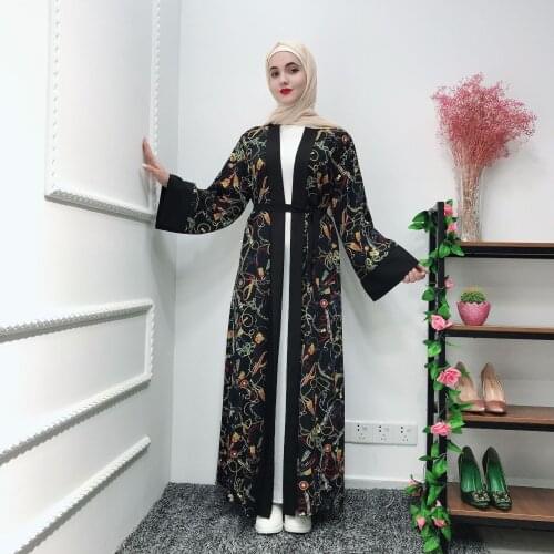 Womens Printed Robe Muslim Summer Refreshing Lace Robe Dubai Islamic Ethnic Cardigan Robe Without Turban Muslim Dress