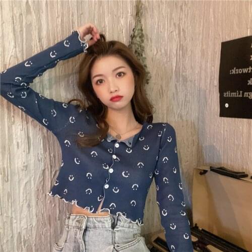 Chic Korean Sweet Smile Printed Women Knitted Retro Long-sleeved Cardigan Top