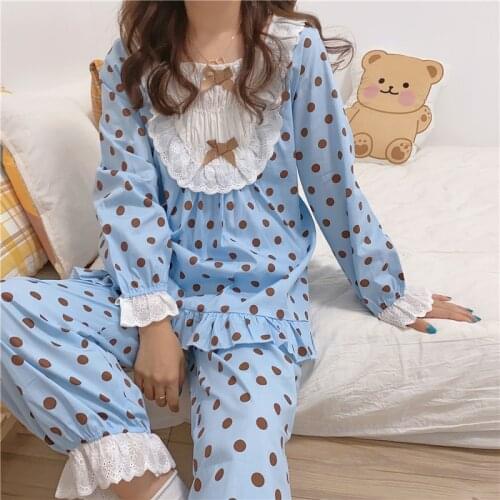Blue Dot Print Spring Pajamas Sets Women Square Collar Cotton Loose Bow Lace Home Suit Casual Vintage Home Clothes Vintage 2021