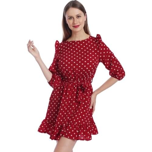 Women Summer Dress Fashion Ruffle Trim Sashes 3/4 Sleeves Round Neck Dot Printed Casual Dress Ladies Sweet Cute A Line Dresses
