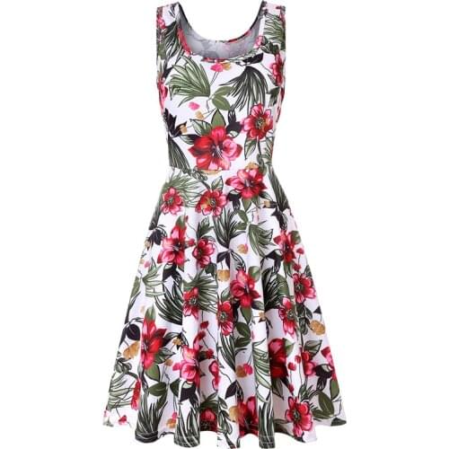 2021 summer dress plus size womens sleeveless o-neck printed dress casual sweet retro floral A-line skirt beach skirt Vestidos