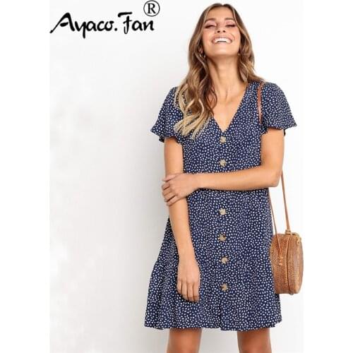 Women Dress 2019 Summer New Sexy V-Neck Print Ruffles Loose Mini Dress Boho Style Short Party Beach Dresses Vestidos de fiesta