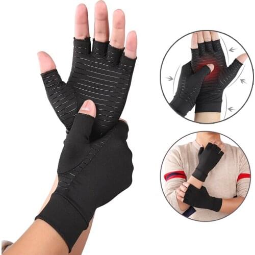 1Pair Copper Compression Arthritis Gloves Hand Wrist Brace Support Joint Pain Relief Half-finger Cycling Sports Gloves Women Men