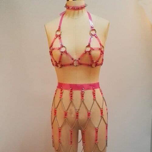 100% Handcrafted Punk Gothic Women Clear Vinyl PVC Bra Harness Top Bralet Bondage Skirt Dress Belt Waist Lingerie BRA