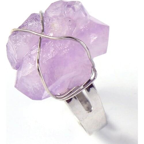 100-Unique 1 Pcs Silver Plated Wire Wrapped Adjustable Irregular Shape Natural Amethysts Stone Finger Ring For Anniversary