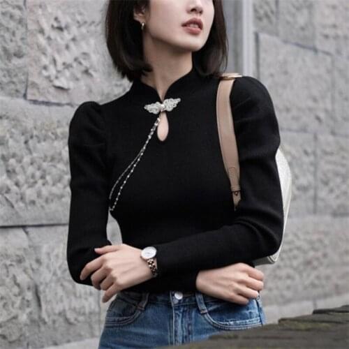 2021 Early Spring New Retro Chinese Style Pearl Chain Chinese Knot Button Knit Tops Women Long Sleeve Pullover Slim Sweater Y850