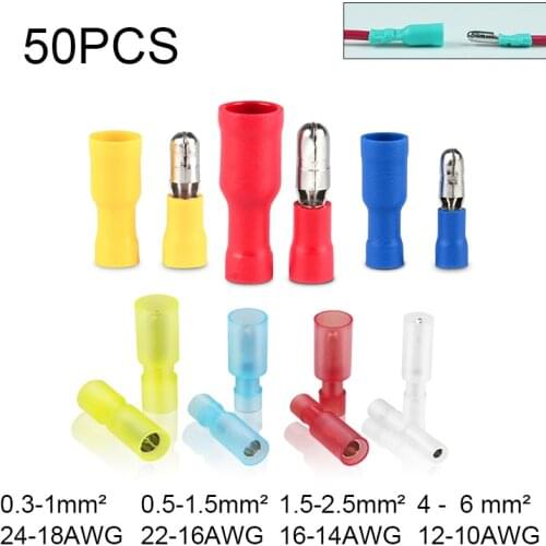 50Pcs Bullet Terminals Crimp Elelctric for Wire Eletrico Terminal Butt Splice Electrical Cable Conector Car Accessories Contacts
