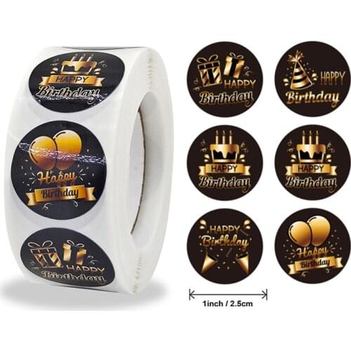 500pcs/roll Round Black Design Happy Birthday Seal Stickers DIY Deco Gift Sticker waterproof Label big size for cake carton