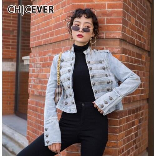 CHICEVER Vintage Patchwork Button Epaulet Denim Coat For Women Stand Collar Long Sleeve Slim Jackets Female Spring Fashion Style